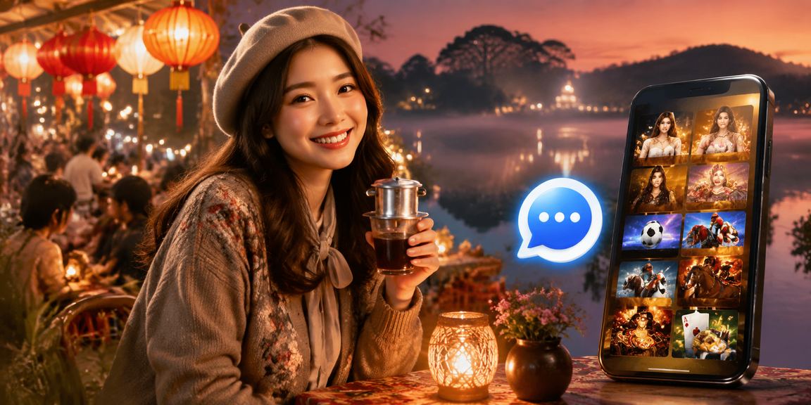 Người dùng ngồi uống cà phê tại Đà Lạt và duyệt khuyến mãi casino trên điện thoại